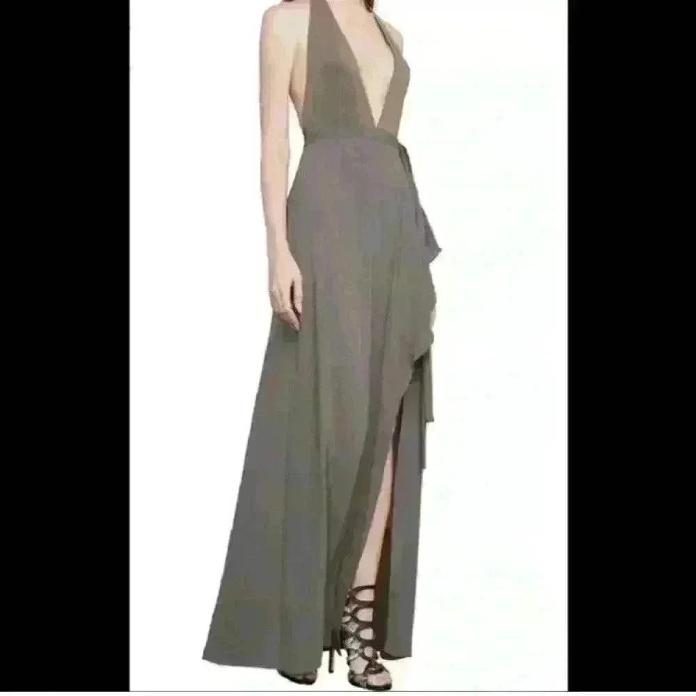 BCBGMaxAzria Halter Brown deep v maxi gown